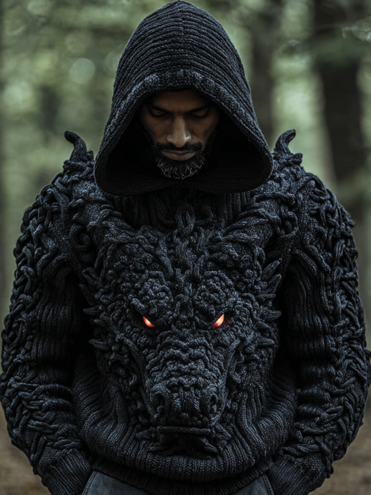 Men's Viking-style Large-dominated Dragon Head Three-dimensional Knitted Vintage Hooded Sweater