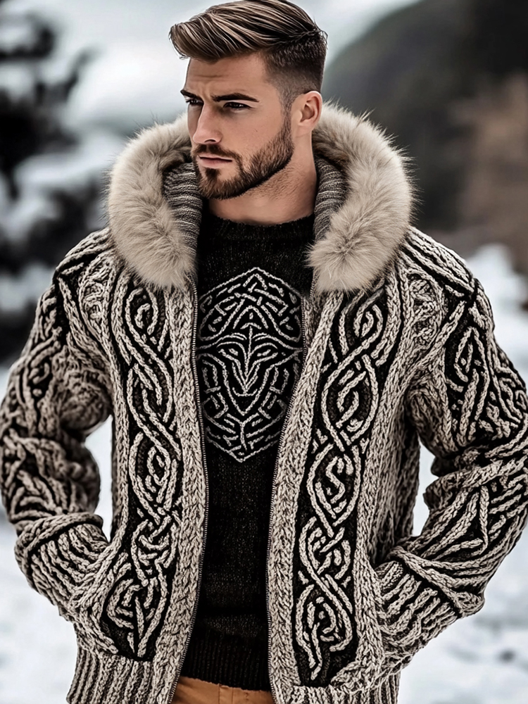 Men's Viking Kyle Style Thickened Fur Collar Zip-up Sweater
