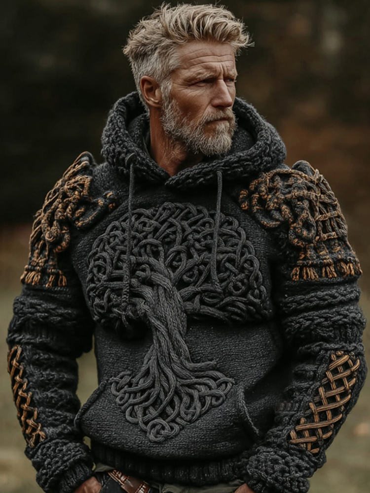 Men's Viking Tree Of Life Art Celtic Knot Jacquard Knitted Hooded Sweater
