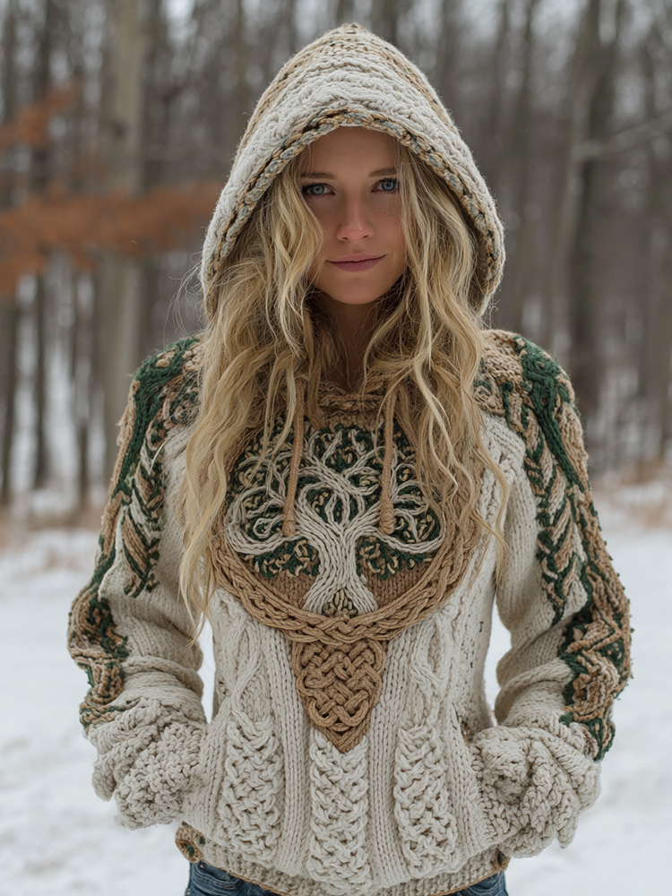 Women's Vintage Viking Tree Of Life Celtic Knot Pattern Cozy Knit Hooded Sweater