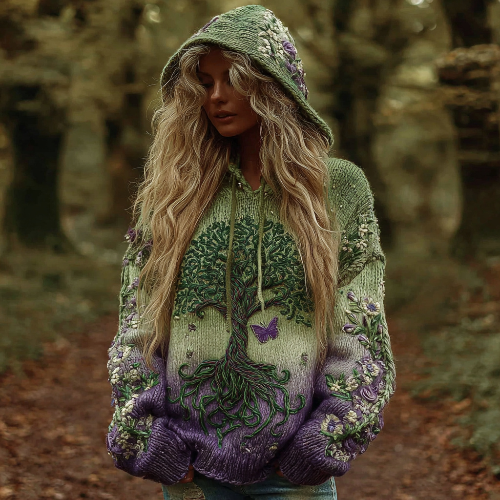 Women's Vintage Viking Tree Of Life Art Knit Jacquard Hooded Sweater