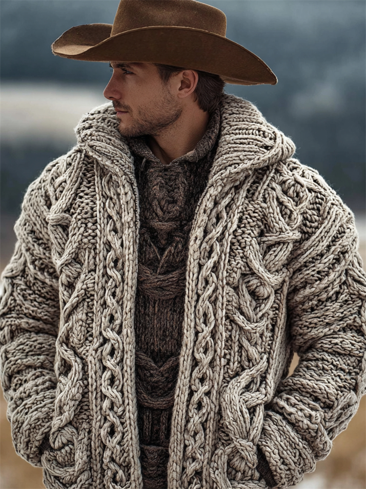 Men's Vintage Celtic Chunky Cozy Knit Hooded Cardigan
