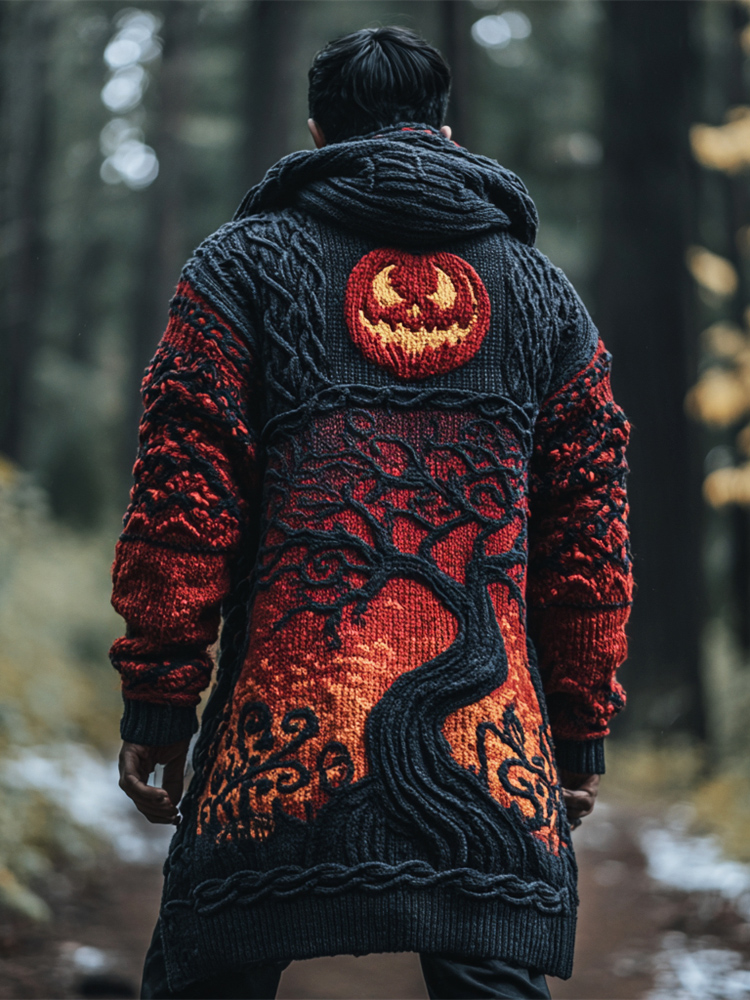 Halloween Pumpkin Face & Tree Of Life Knit Art Men's Hooded Long Cardigan