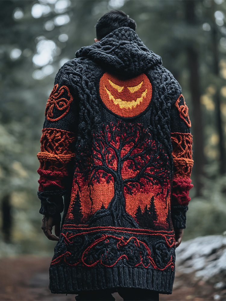 Halloween Pumpkin Light & Viking Tree Of Life Knit Art Men's Hooded Long Cardigan