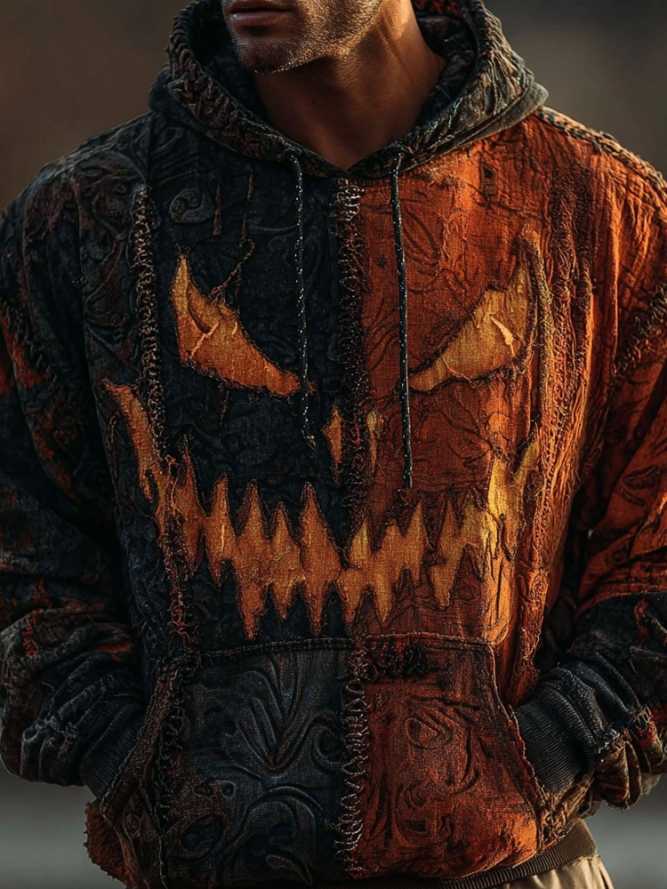 Men's Halloween Spooky Face Contrast Washed Cozy Hoodie