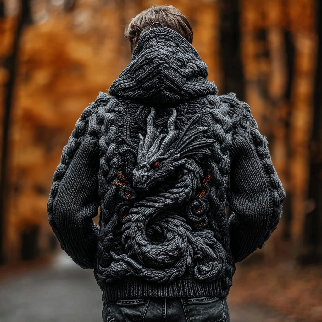 Men's Viking Dragon Totem Chunky Knit Hooded Cardigan