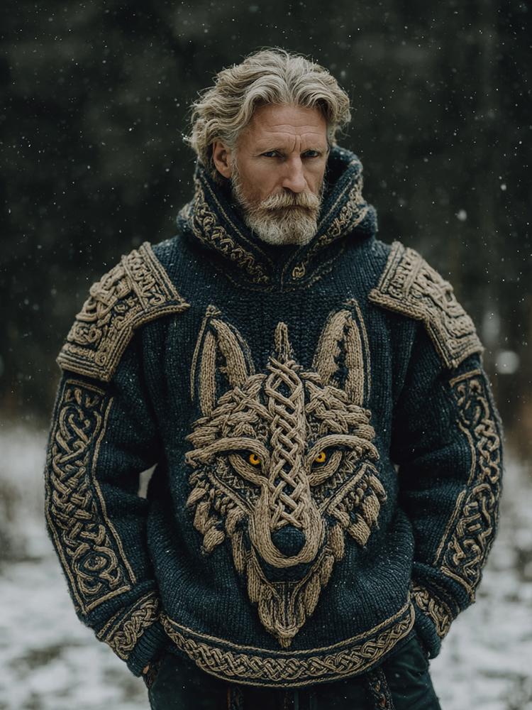 Men's Vintage Viking Celtic Knot Wolf Art Knit Hooded Sweater