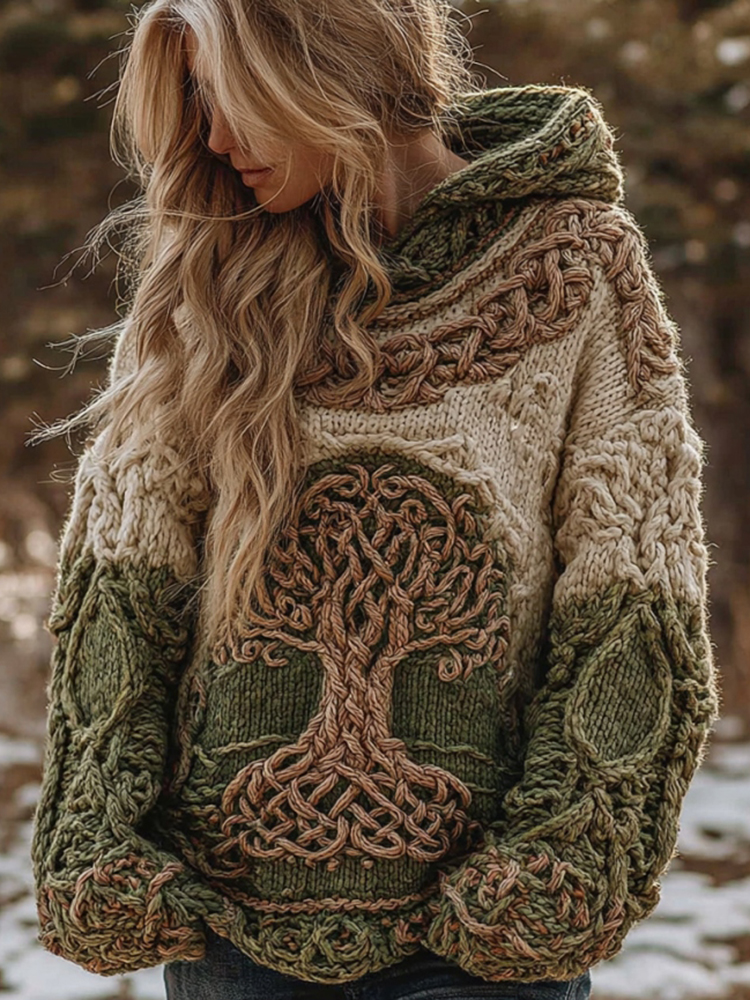 Women's Vintage Tree Of Life Celtic Knot Gradient Pattern Cozy Knit Hooded Sweater