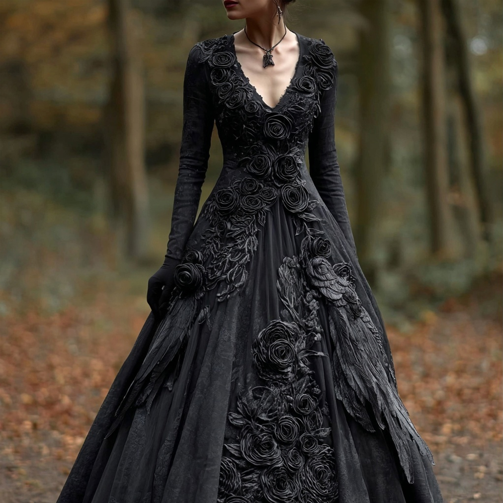 Classy Crow Feathers & Roses Embroidered Maxi Dress