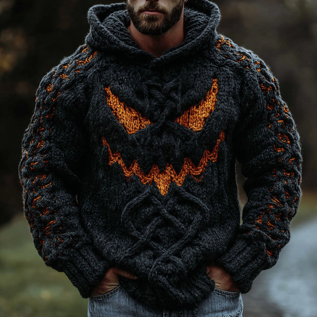 Viking Halloween Pumpkin Face Men's Knit Twist Hooded Sweater