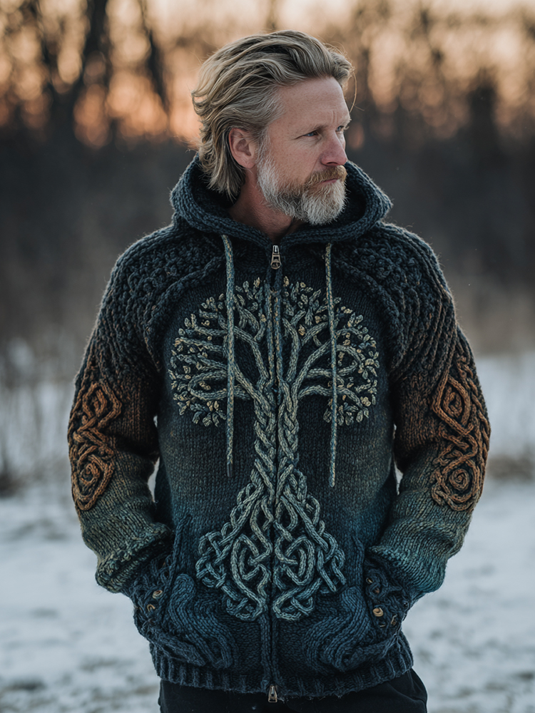 Men's Vintage Viking Tree Of Life Celtic Knot Art Chunky Knit Hooded Zip-up Sweater