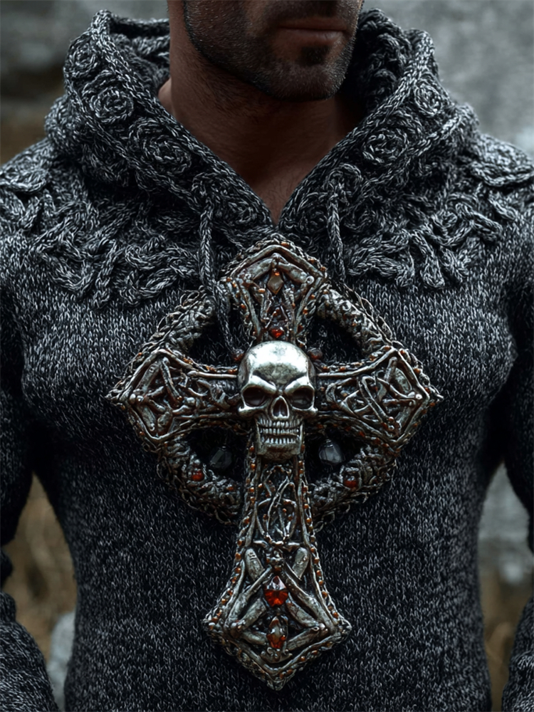 Men's Vintage Skull Cross Celtic Cozy Chunky Hooded Sweater