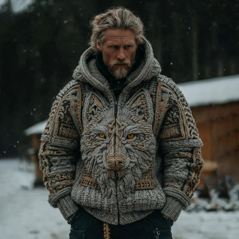Men's Vintage Viking Wolf Pattern Cozy Zip Up Knit Hooded Sweater