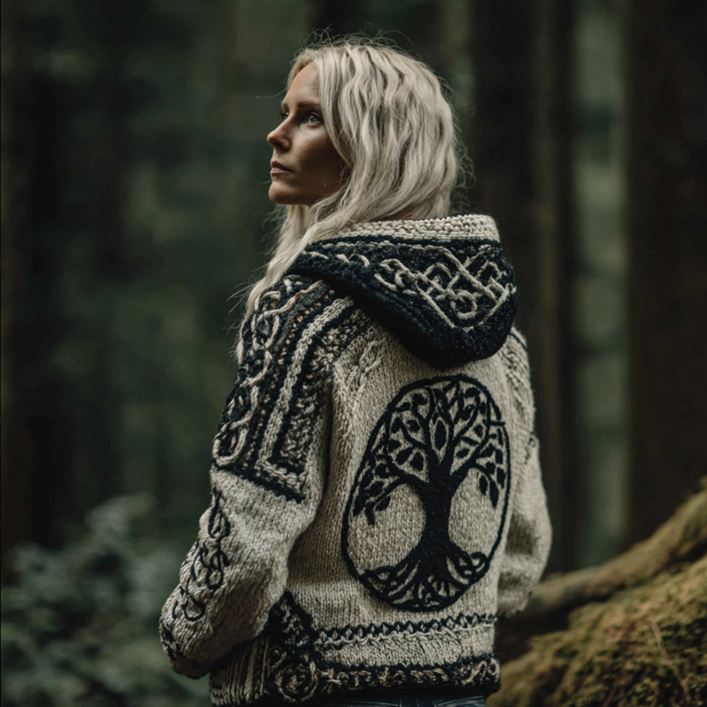 Women's Viking Style Tree Of Life Flat Embroidered Hooded Sweater