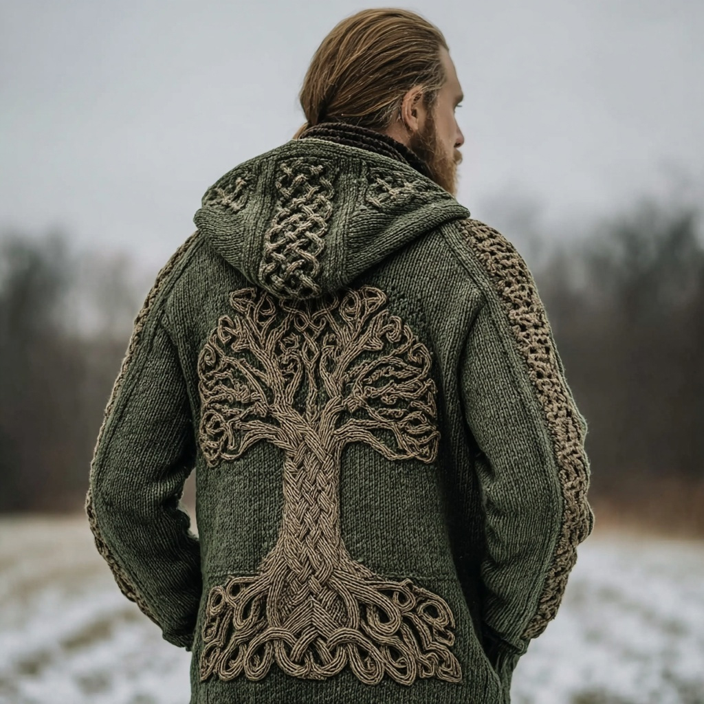 Men's Tree Of Life Celtic Vintage Cozy Hooded Cardigan