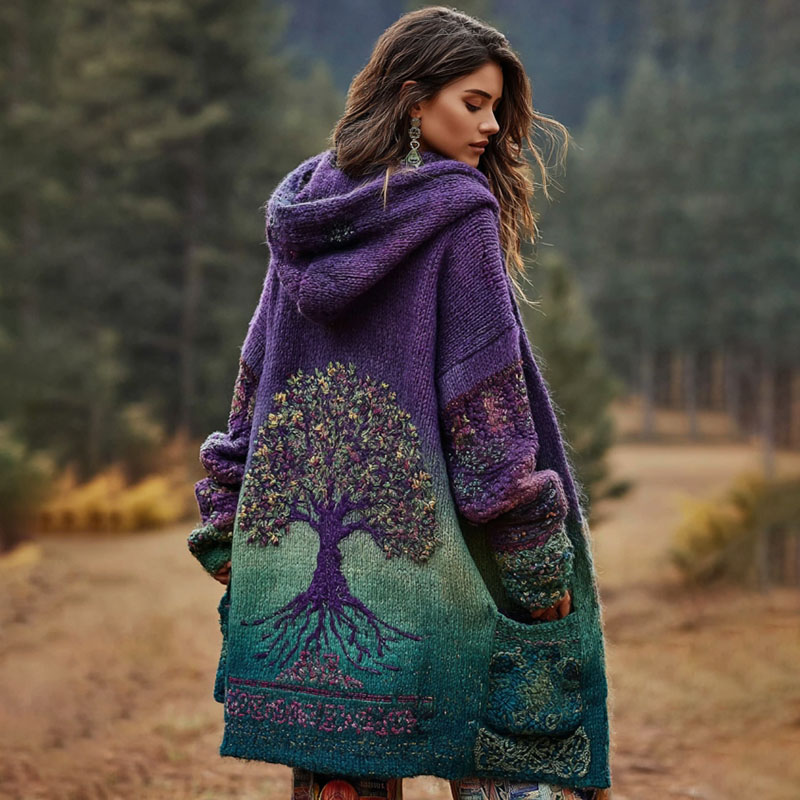 Women's Viking Floral And Life Of Tree Art Knitted Cozy Hooded Cardigan