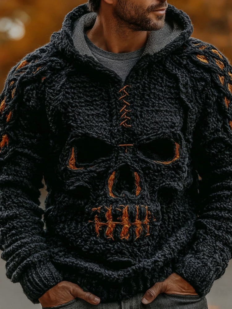 Men's Halloween Celtic Skull Art Knitted Cozy Hooded Sweater
