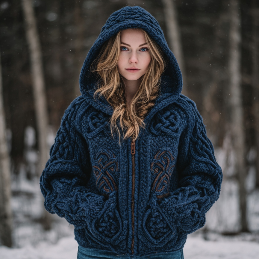 Women's Viking Celtic Knot Cozy Warm Knit Full Zip Hooded Sweater