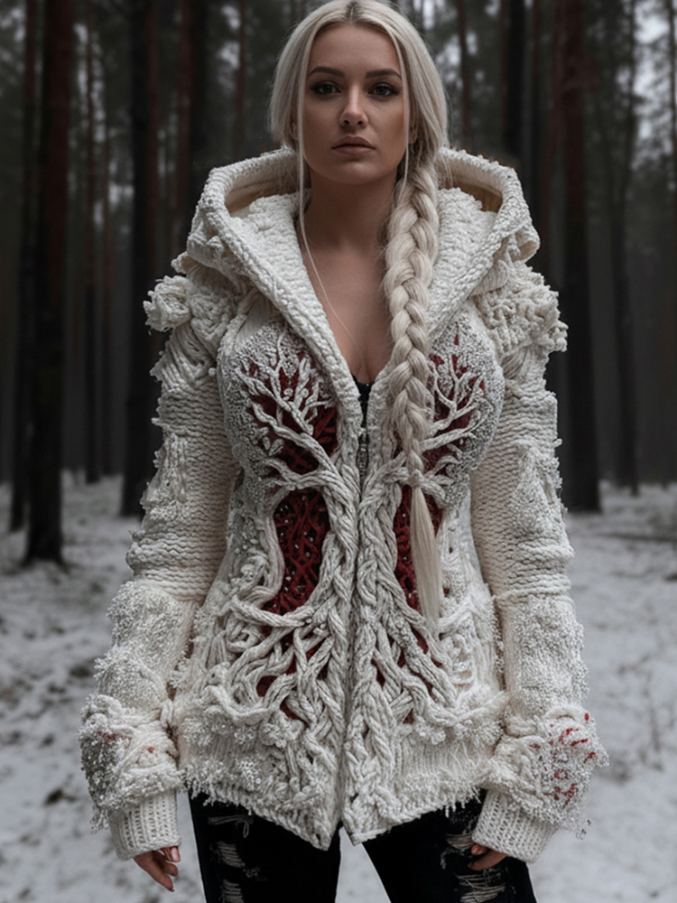 Women's Viking Tree Of Life Cable Knit Zip-up Hooded Sweater