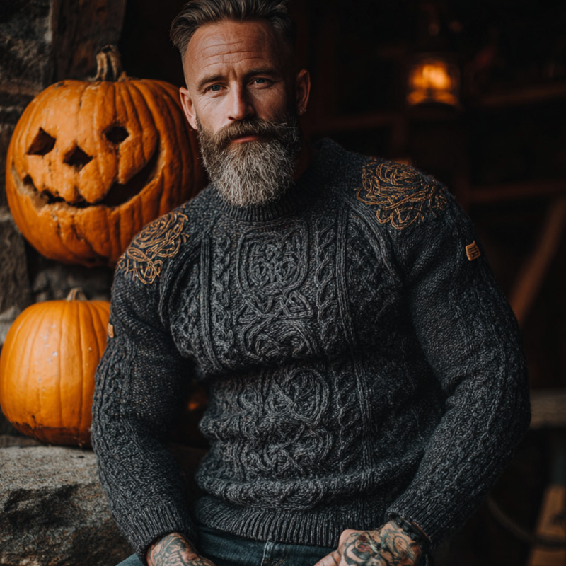 Men's Vintage Viking Halloween Embroidered Sweater