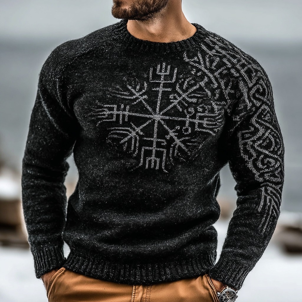 Men's Vintage Viking Vegvisir Pattern Knit Crew Neck Sweater