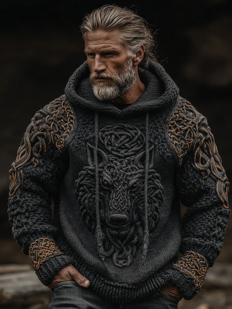 Men's Vintage Viking Wolf Celtic Art Knit Hooded Sweater