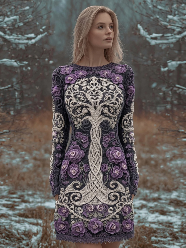 Floral Tree Of Life Pattern Vintage Mini Sweater Dress