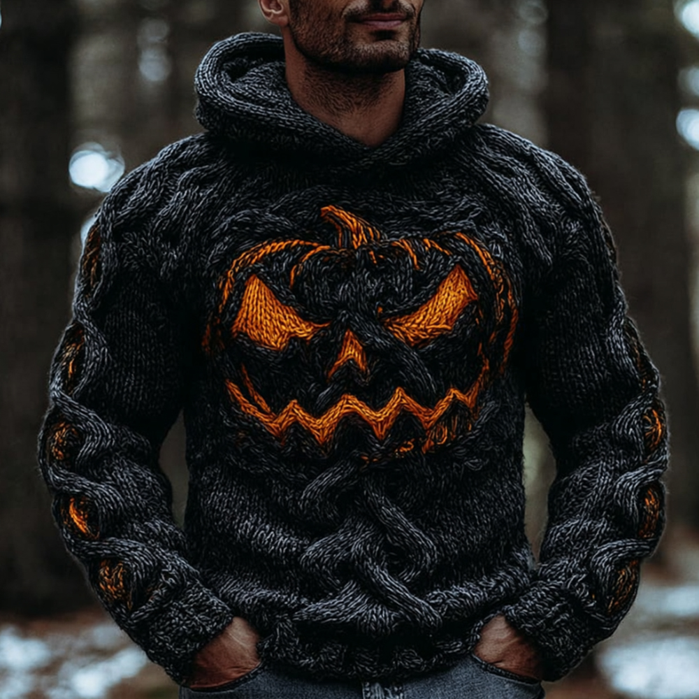 Men's Halloween Pumpkin Smiley Face Bright Color Knitted Pattern Hooded Sweater