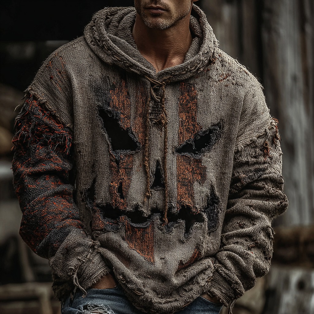 Halloween Rusty Pumpkin Face Inspired Jacquard Knitted Hooded Sweater