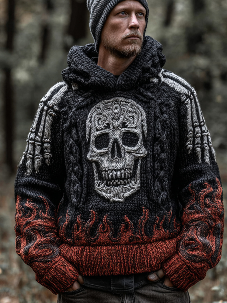 Men's Halloween Flame Skull Retro 3d Embroidery Hooded Sweater