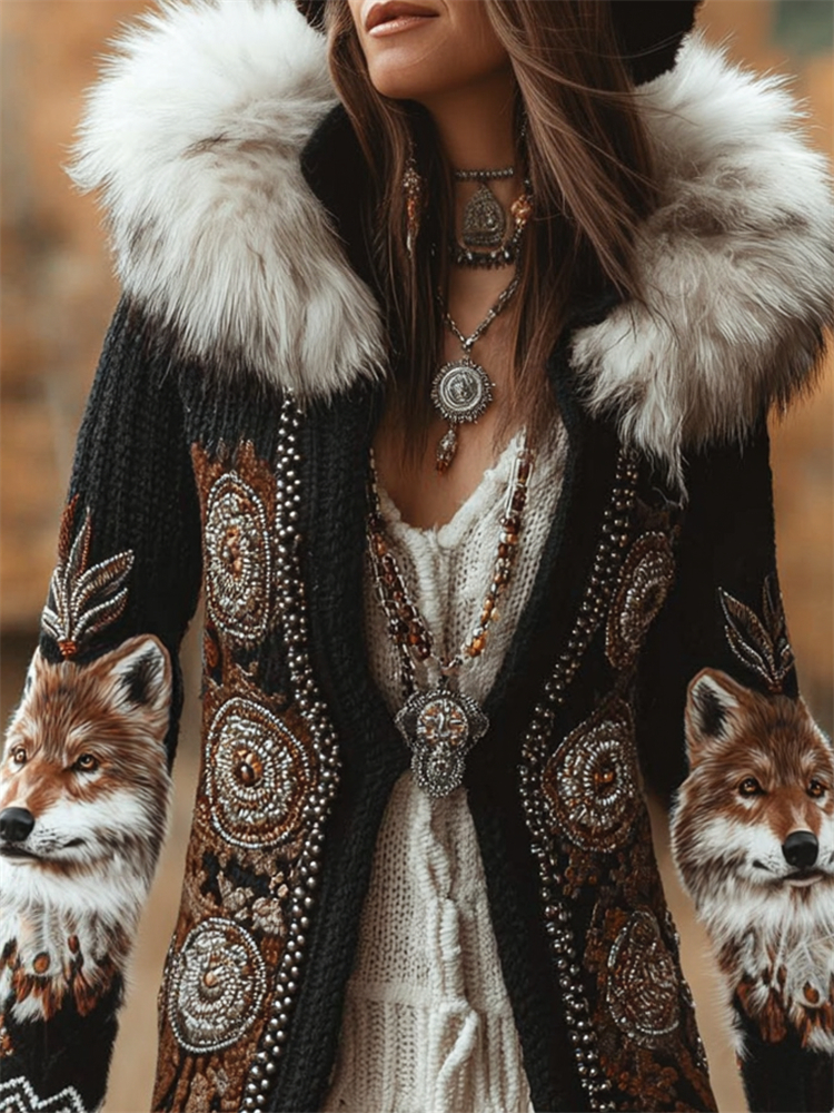 Vintage Western Wolf Ethnic Beaded Fur Trim Cozy Hooded Cardigan