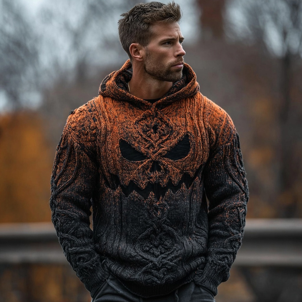 Men's Halloween Spooky Face Gradient Chunky Hooded Sweater