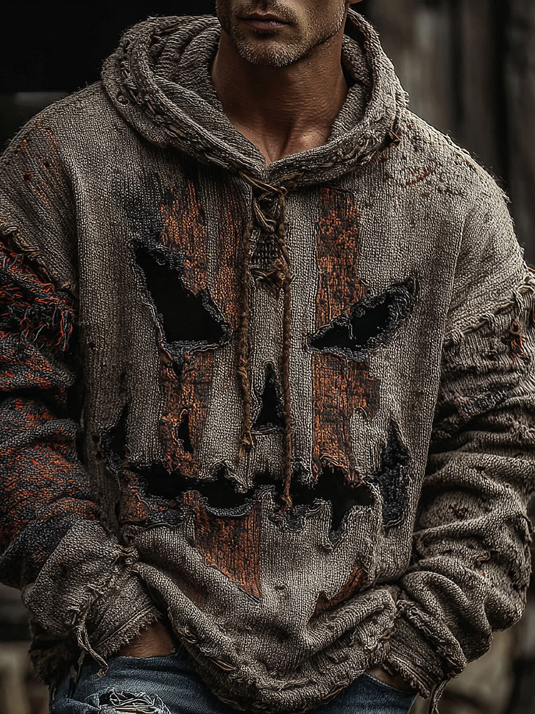Halloween Rusty Pumpkin Face Inspired Jacquard Knitted Hooded Sweater