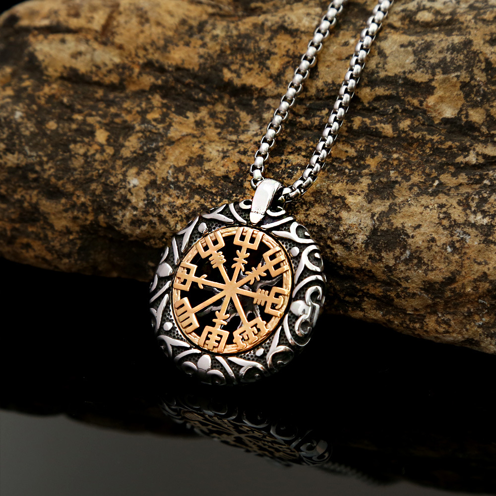 Vintage Pendant Hollow Compass Titanium Steel Men's Viking Necklace