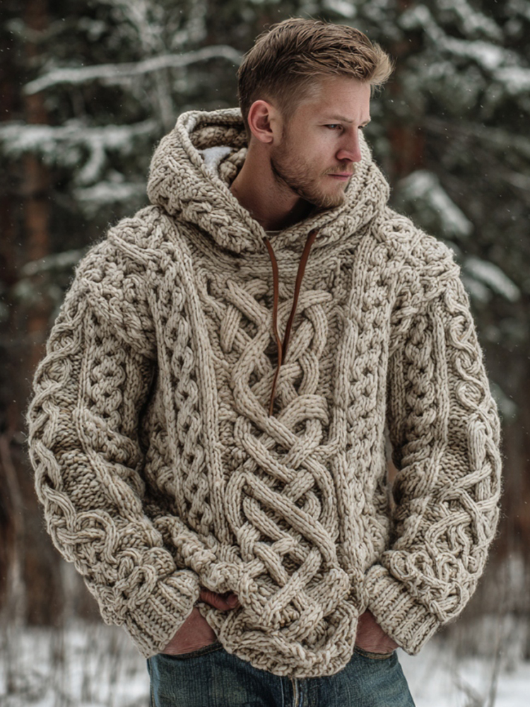 Men's Vintage Viking Celtic Knot Art Cozy Jacquard Knit Hooded Sweater