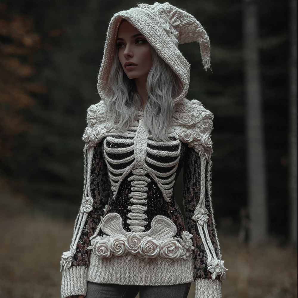 Women's Halloween Skeleton Art And Rose Gothic Hooded Sweater