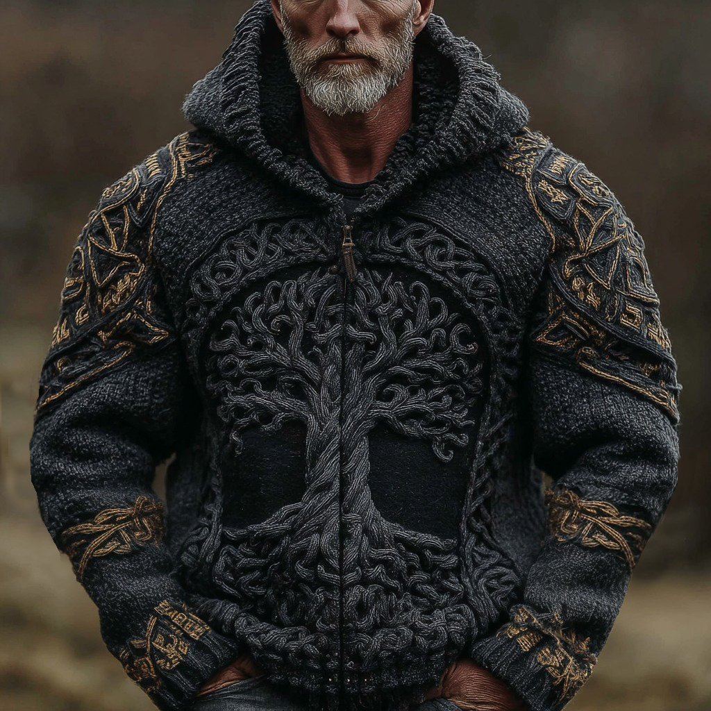 Men's Vintage Viking Life Of Tree Jacquard Knit Zipper Aran Sweater Hooded Cardigan