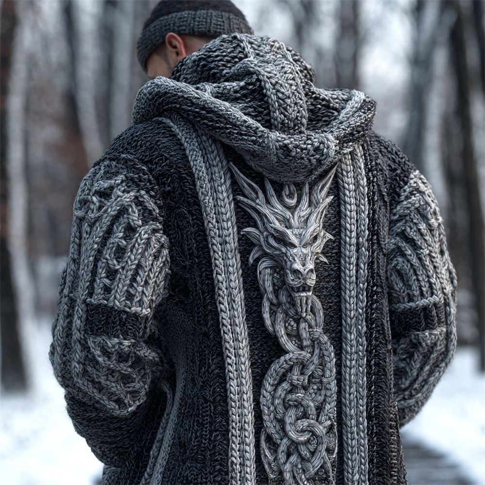 Viking 3d Dragon Totem Men's Chunky Knit Hooded Cardigan