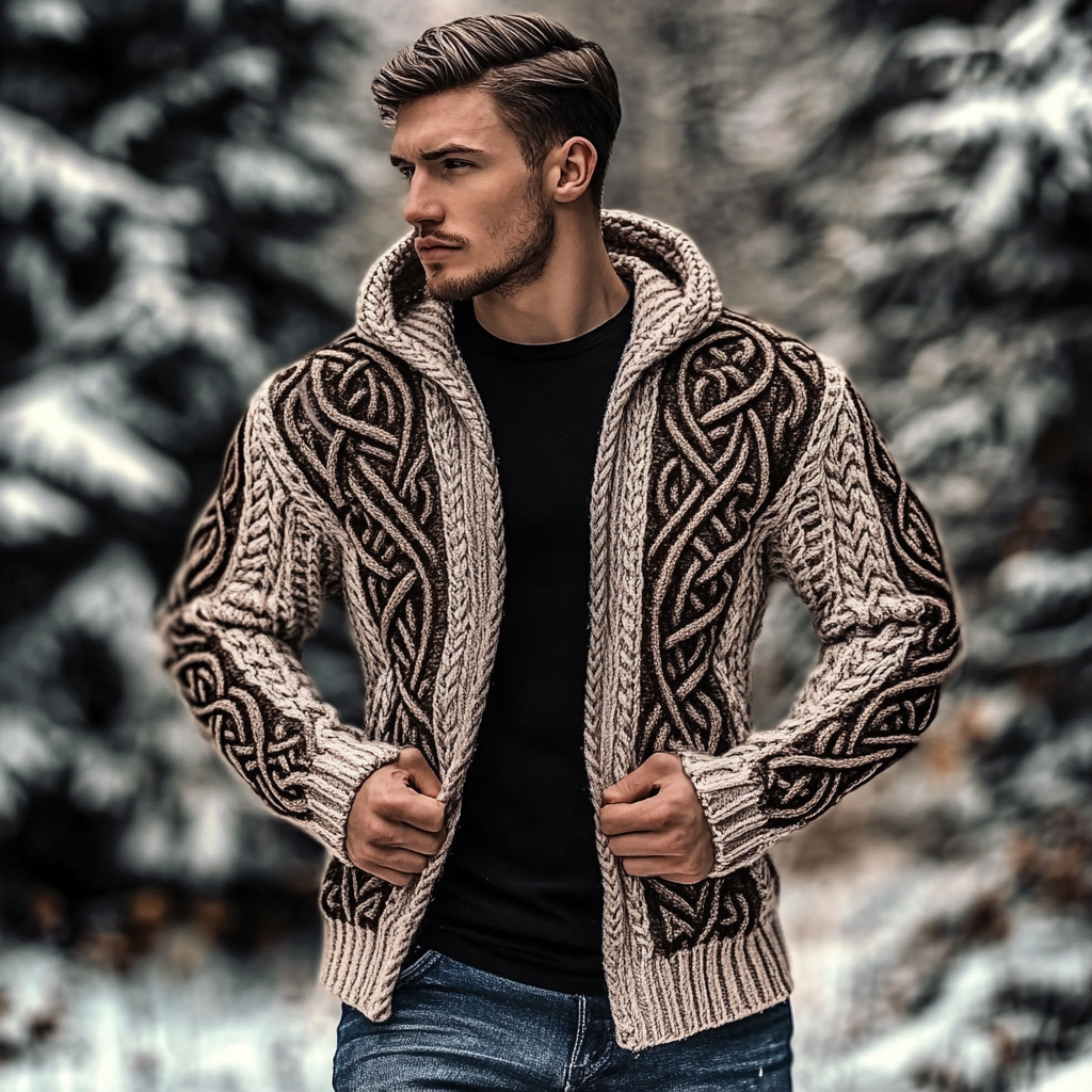Men's Vintage Celtic Knot Jacquard Chunky Knit Cozy Zip Up Cardigan Sweater
