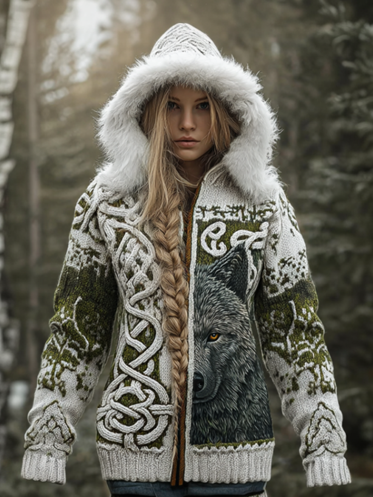 Viking Retro Style Women's Winter Warmth Knit Hooded Sweater Jacket