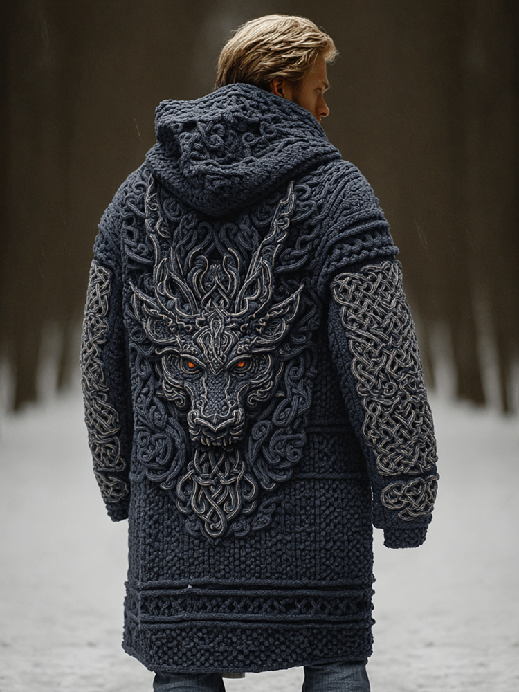Men's Viking Dragon Head Celtic Knot Pocket Mid-length Cardigan