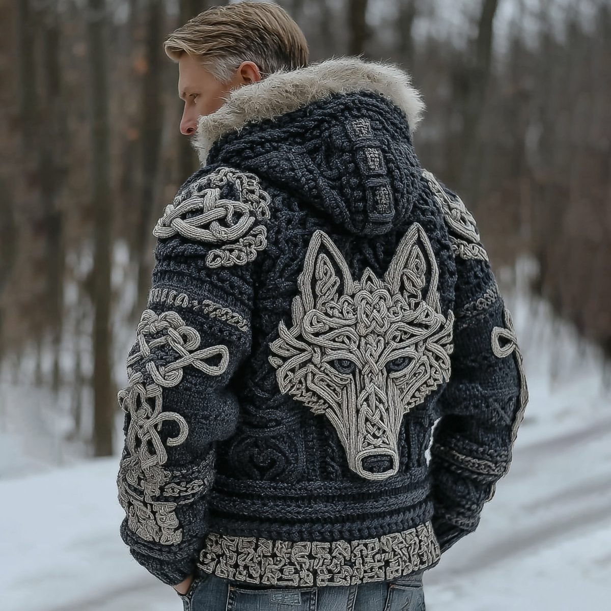 Men's Retro Viking Wolf Jacquard Hooded Knit Sweater Jacket