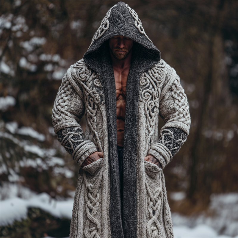 Men's Viking Celtic Contrast Chunky Cozy Hooded Long Cardigan