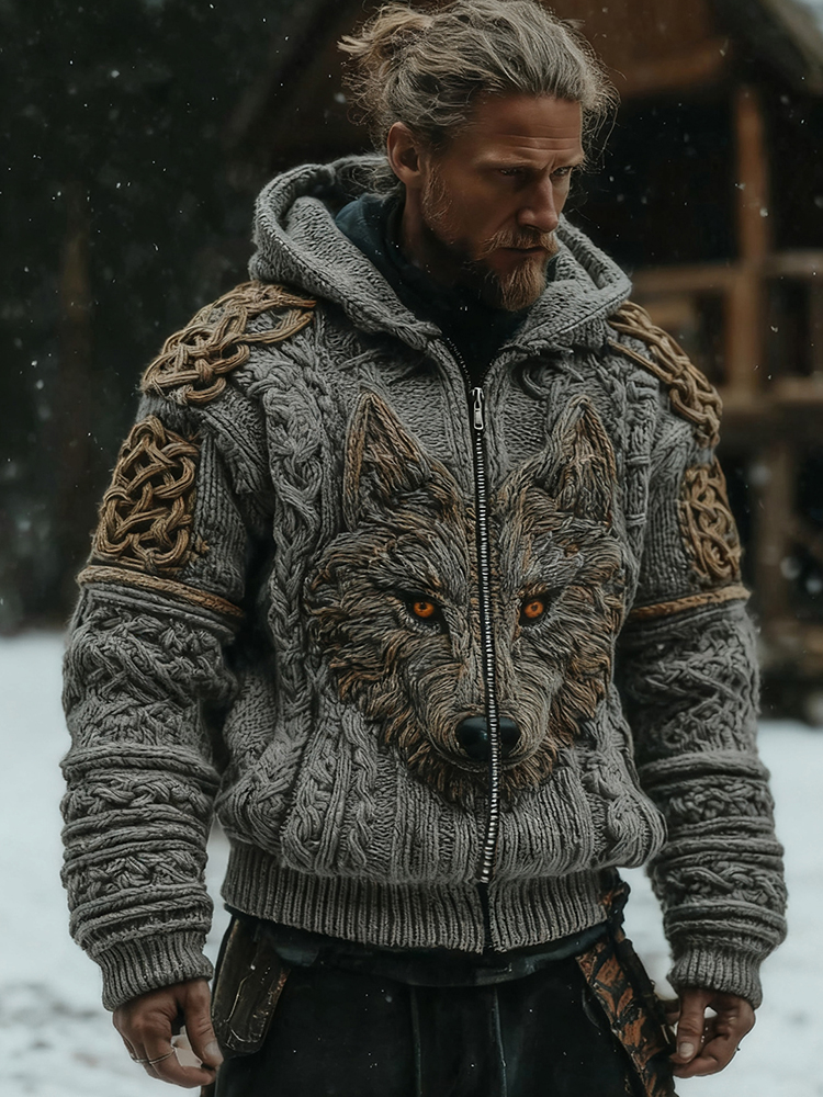 Men's Vintage Viking Wolf Pattern Zip Up Knit Hooded Sweater