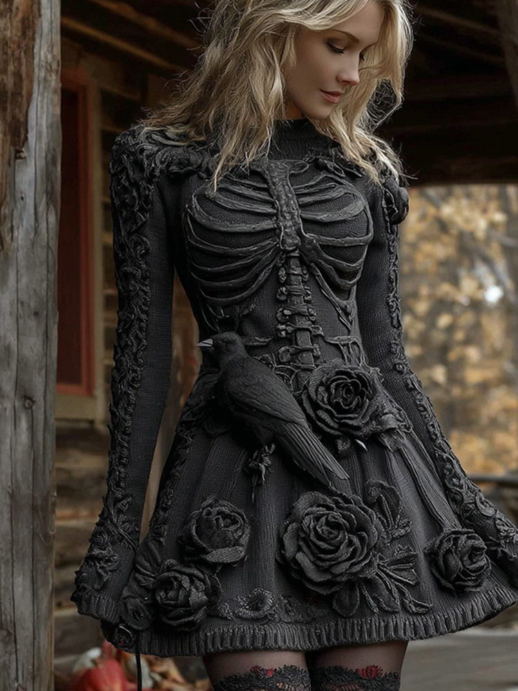 Women's Halloween Skeleton With Rose And Raven Knit Mini Sweater Dress