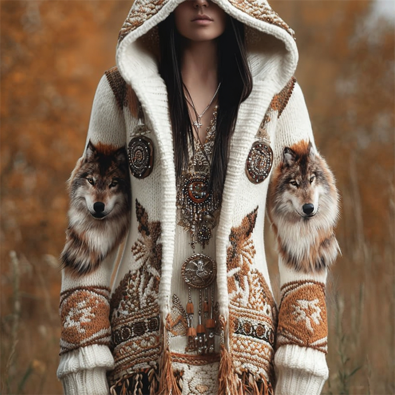 Vintage Western Wolf Ethnic Aztec Cozy Hooded Cardigan