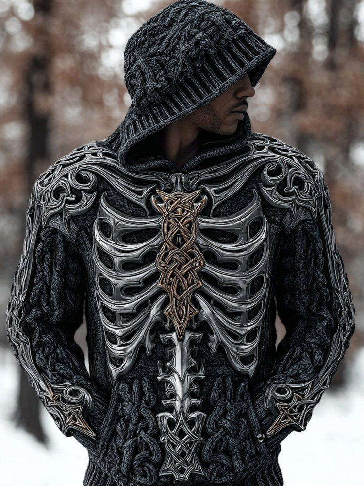 Men's Vintage Skeleton Chunky Hooded Sweater