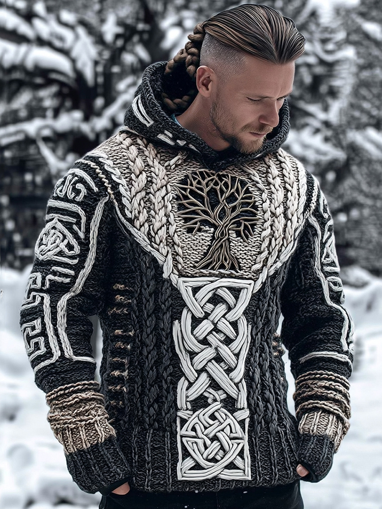 Men's Viking Tribal Jacquard Celtic With Tree Of Life Inspired Chunky Knit Hooded Sweater