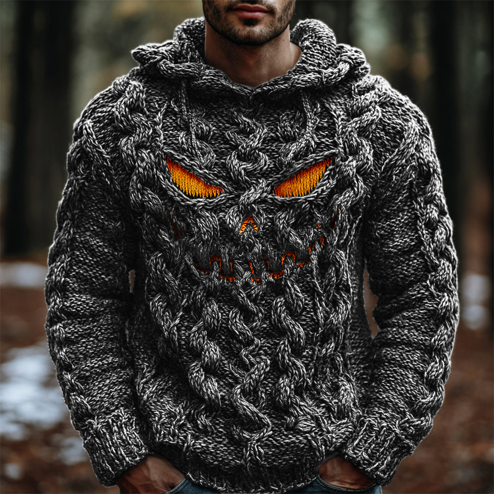 Halloween Evil Pumpkin Emoji Men's Chunky Knit Hooded Sweater