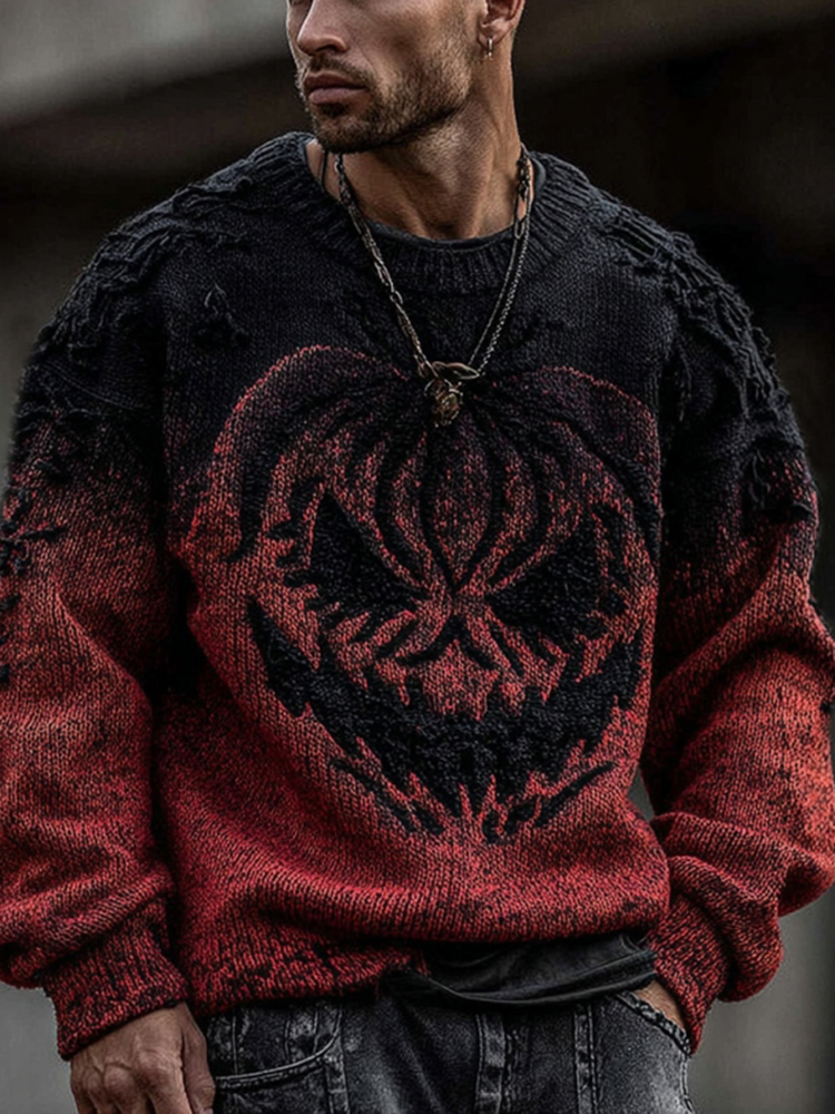 Men's Halloween Pumpkin Face Gradient Cozy Knit Pullover Sweater
